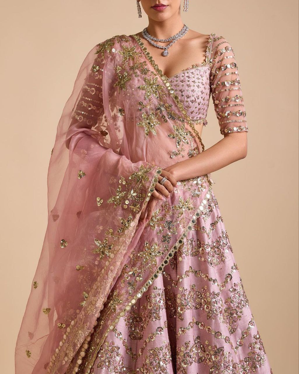 Beautiful Pink Colour Chinon Silk Fabric Multi Thread And Heavy Sequins Lehenga Choli