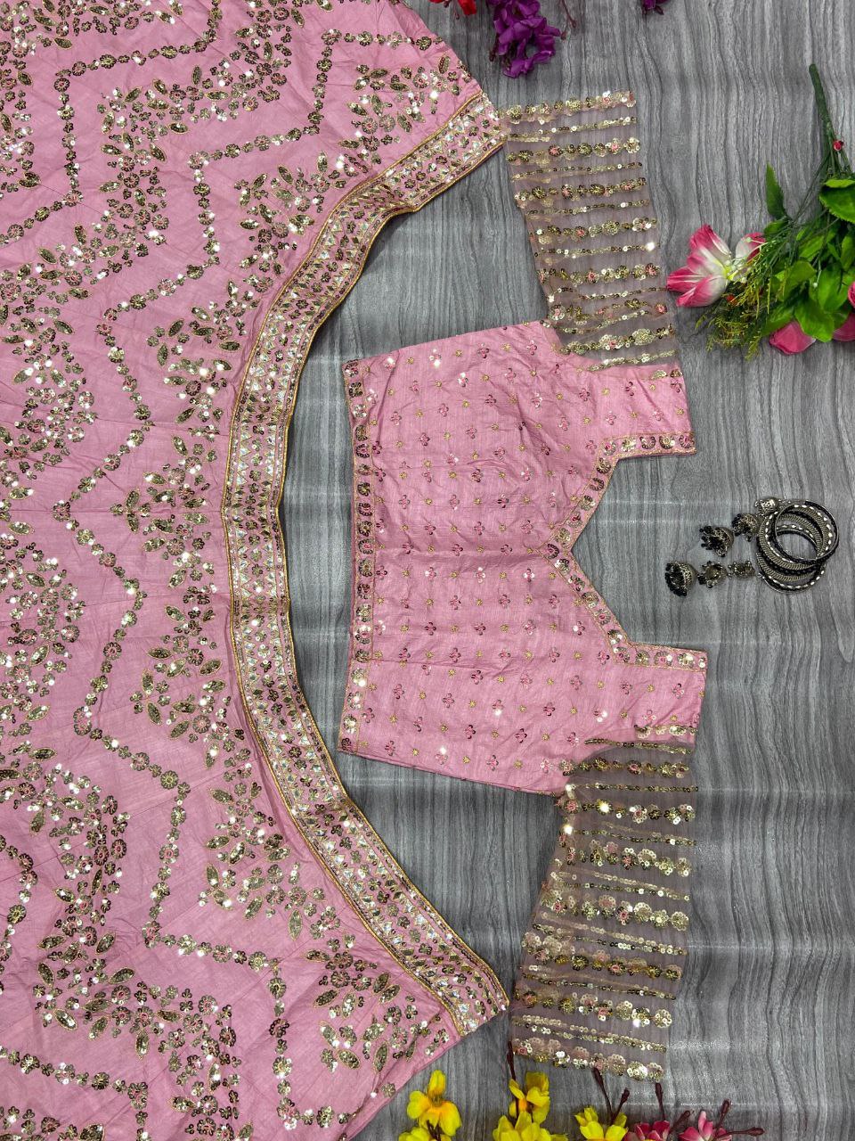 Beautiful Pink Colour Chinon Silk Fabric Multi Thread And Heavy Sequins Lehenga Choli