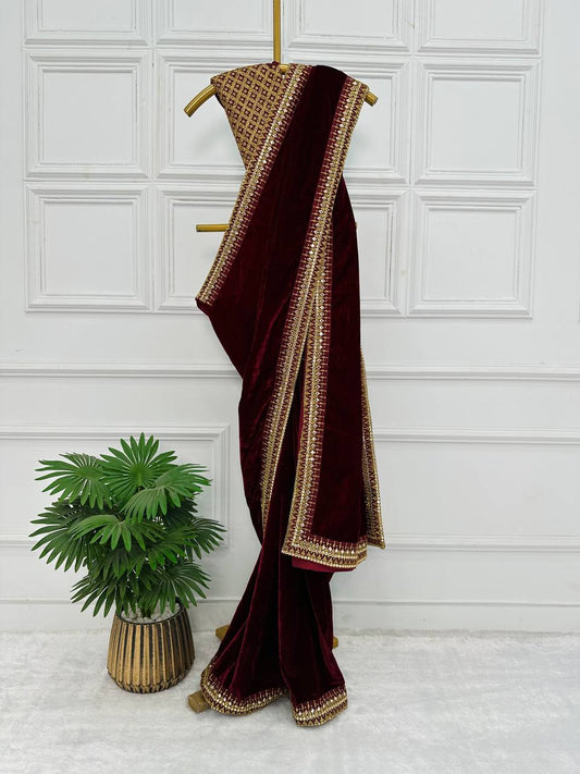 Dark Maroon Color Velvet Embroidered Work Saree With Blouse