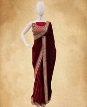 Load image into Gallery viewer, Dark Maroon Color Velvet Embroidered Work Saree With Blouse
