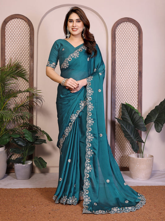 Women's New Latest Party Wear Soft Satin Chiffon Saree