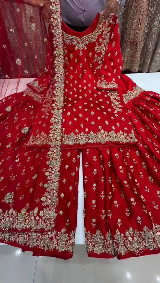 Royal Red Ensemble with Intricate Golden Threadwork Sharara Suit