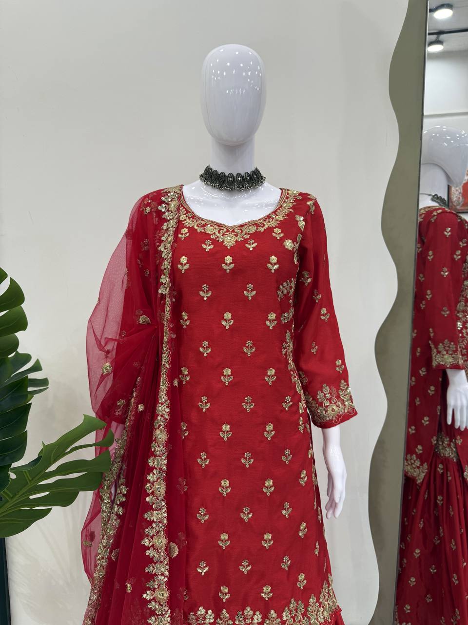 Royal Red Ensemble with Intricate Golden Threadwork Sharara Suit