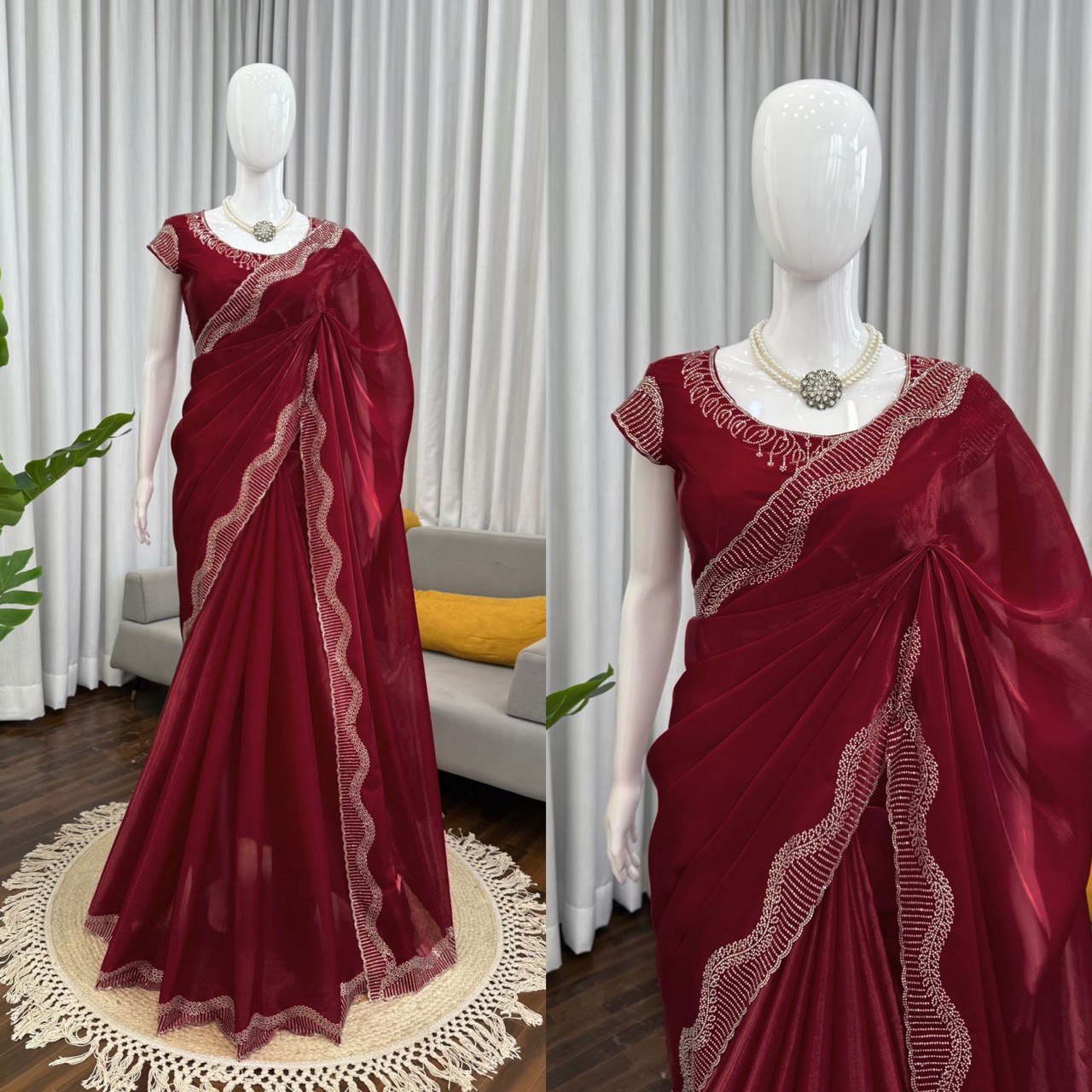 Marron Jimmy Chu Silk Hot Fix Daimond Work Saree