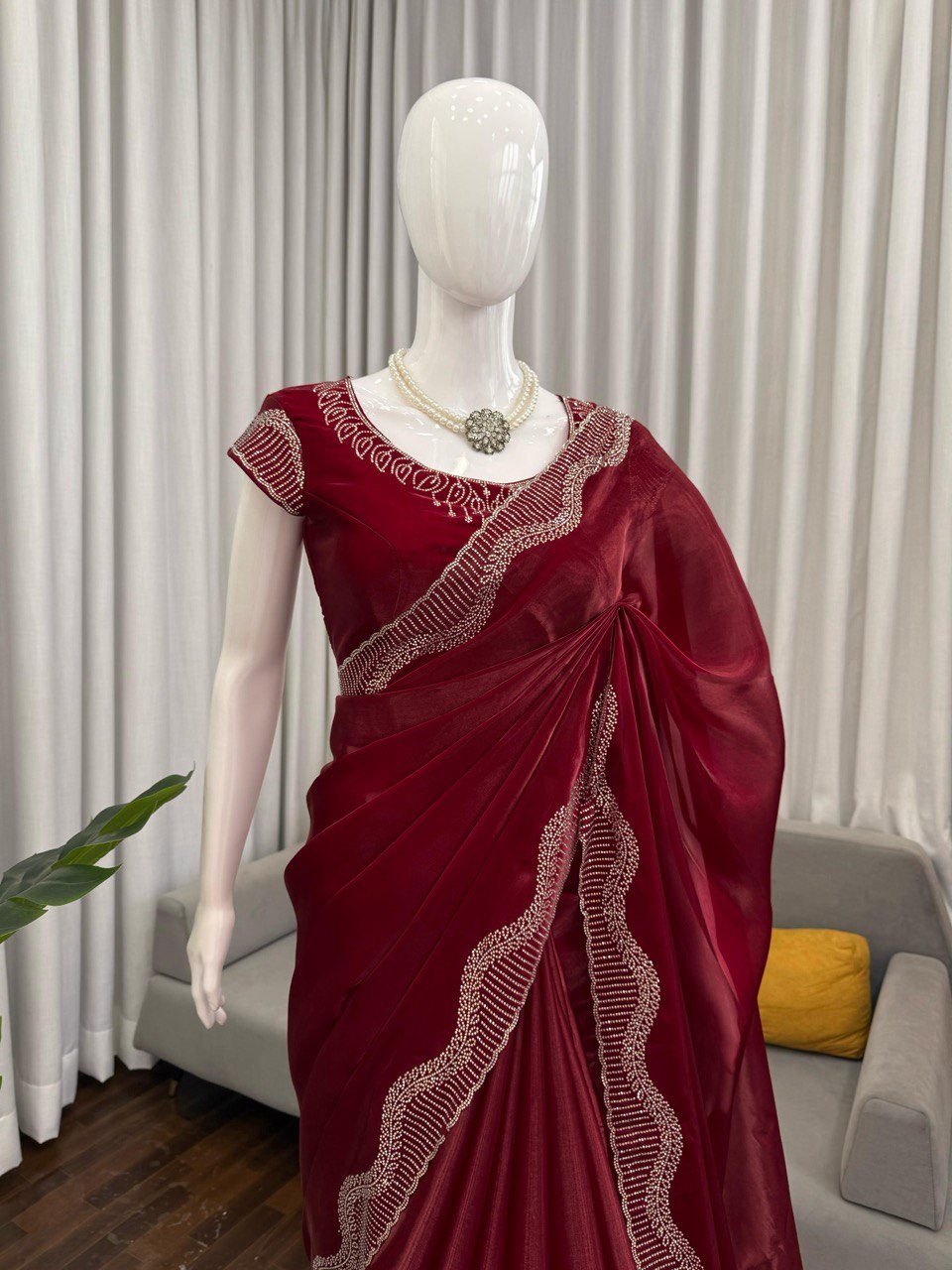 Marron Jimmy Chu Silk Hot Fix Daimond Work Saree