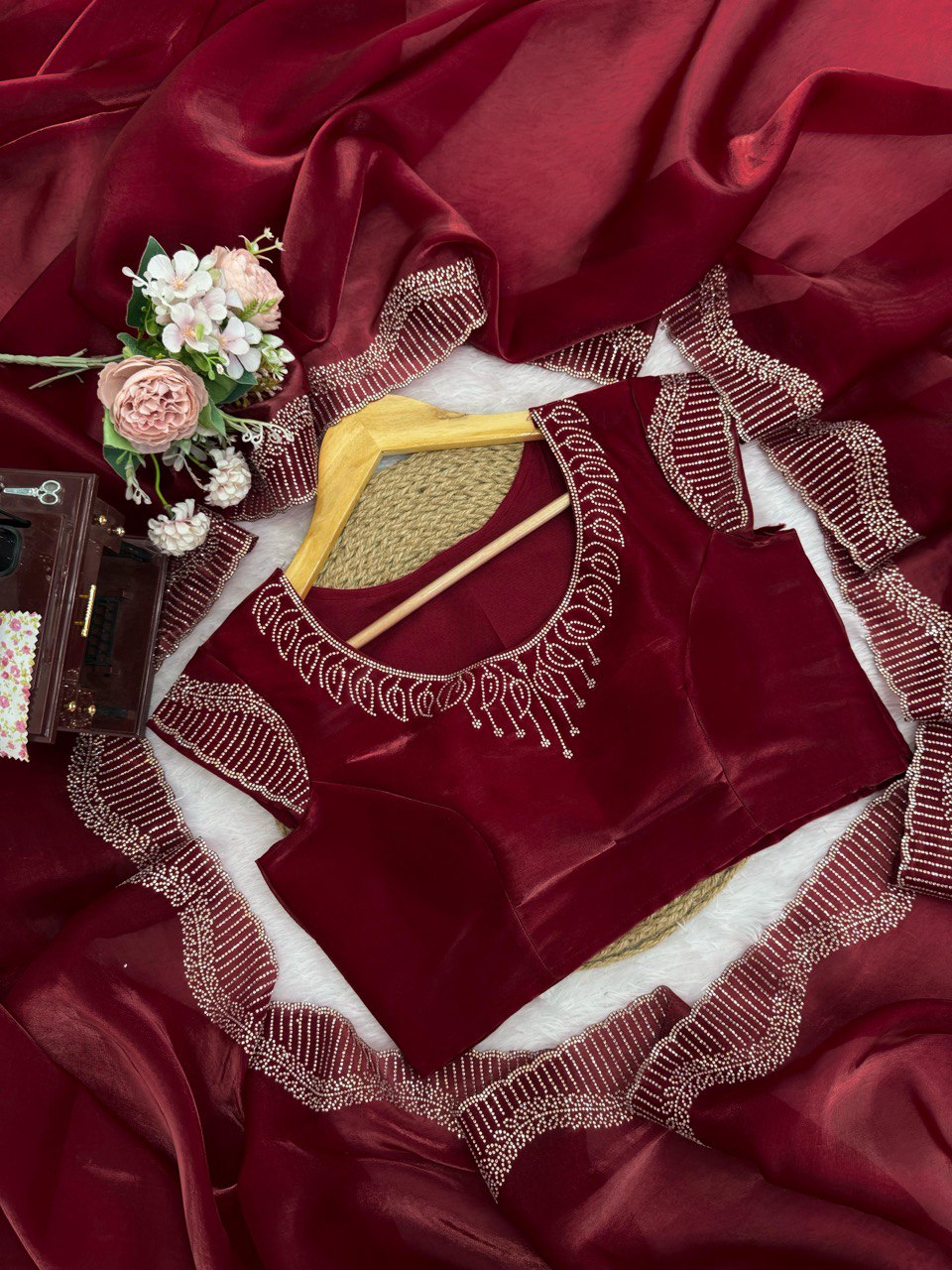Marron Jimmy Chu Silk Hot Fix Daimond Work Saree