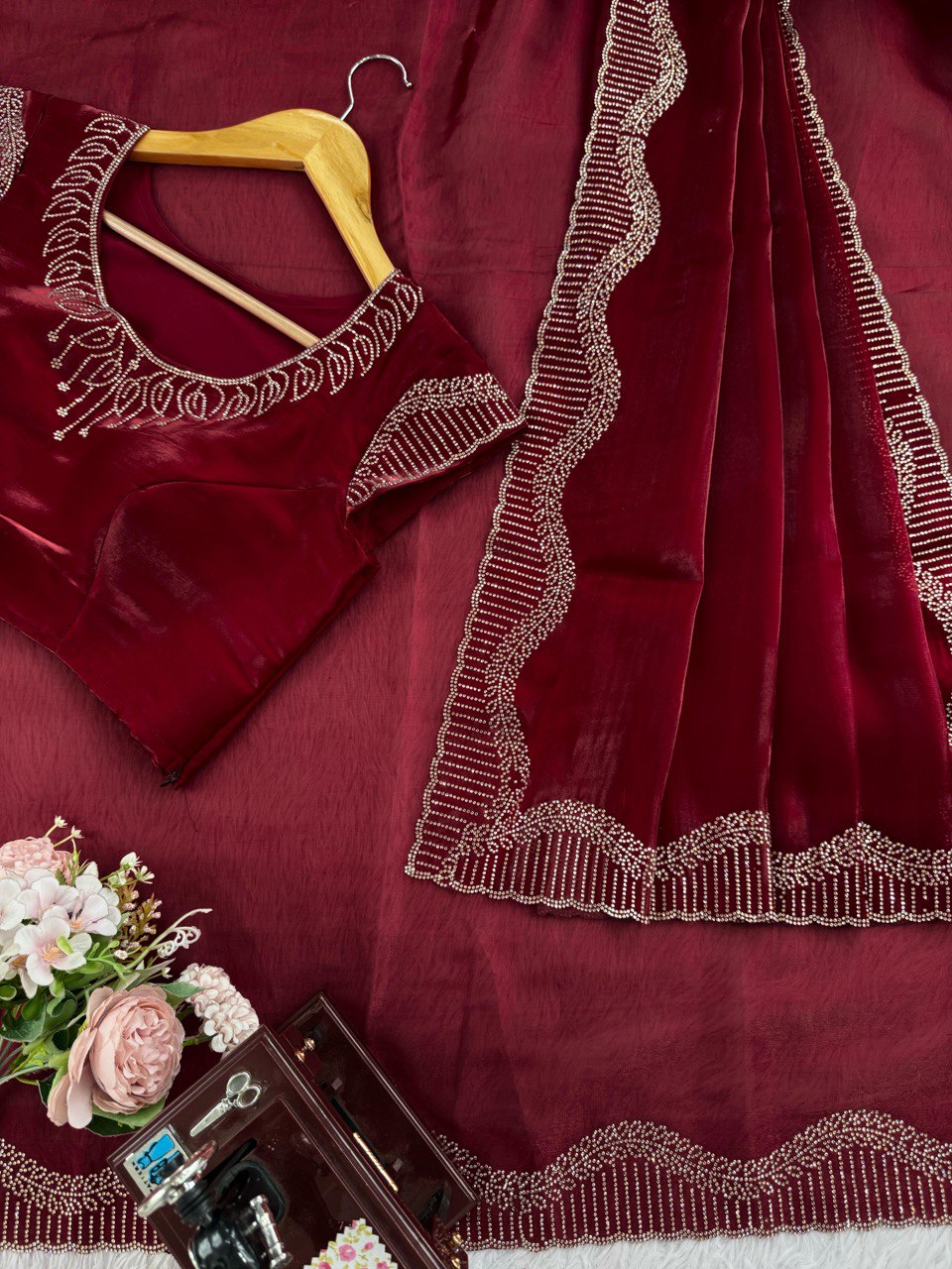 Marron Jimmy Chu Silk Hot Fix Daimond Work Saree