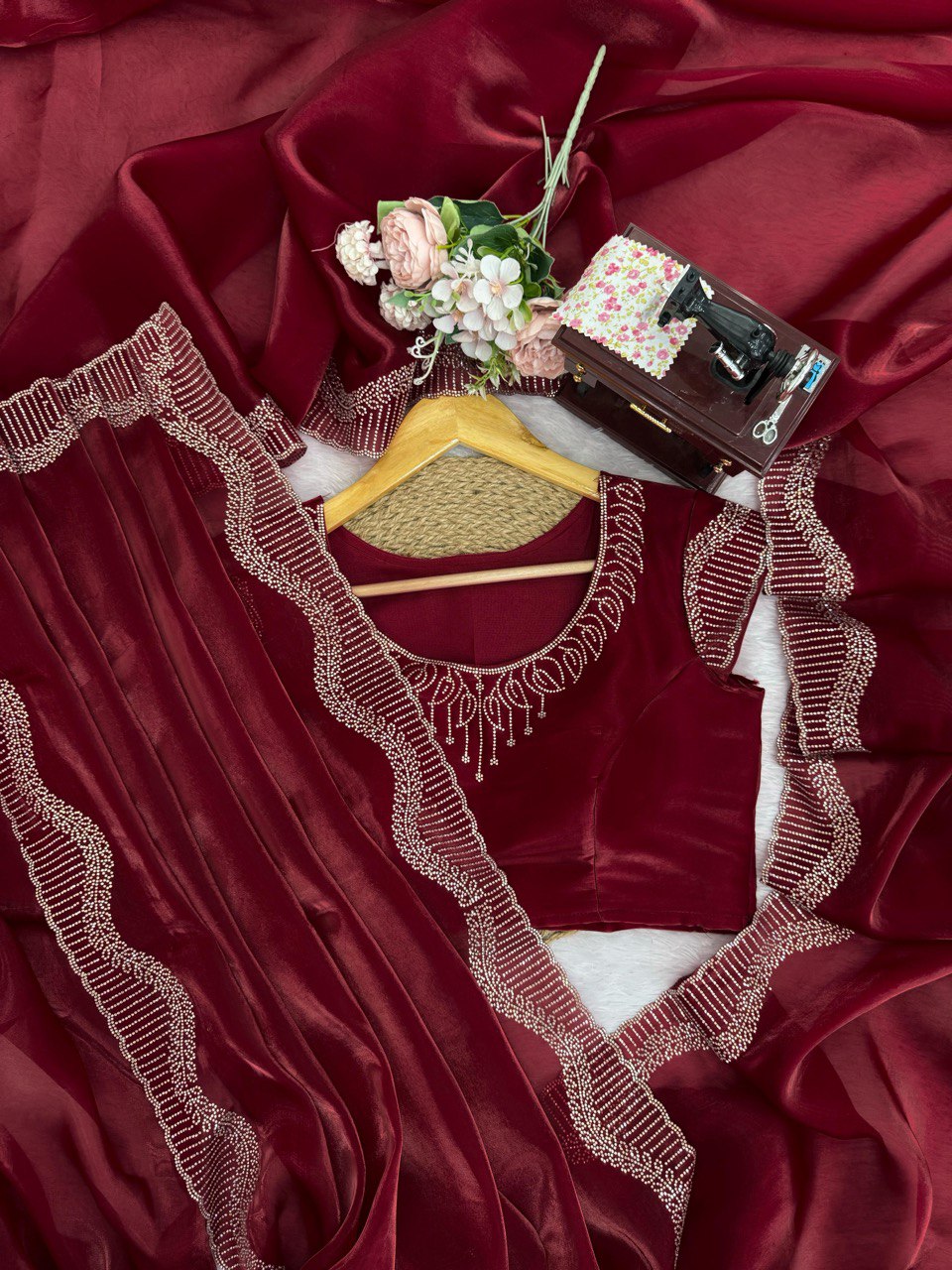 Marron Jimmy Chu Silk Hot Fix Daimond Work Saree