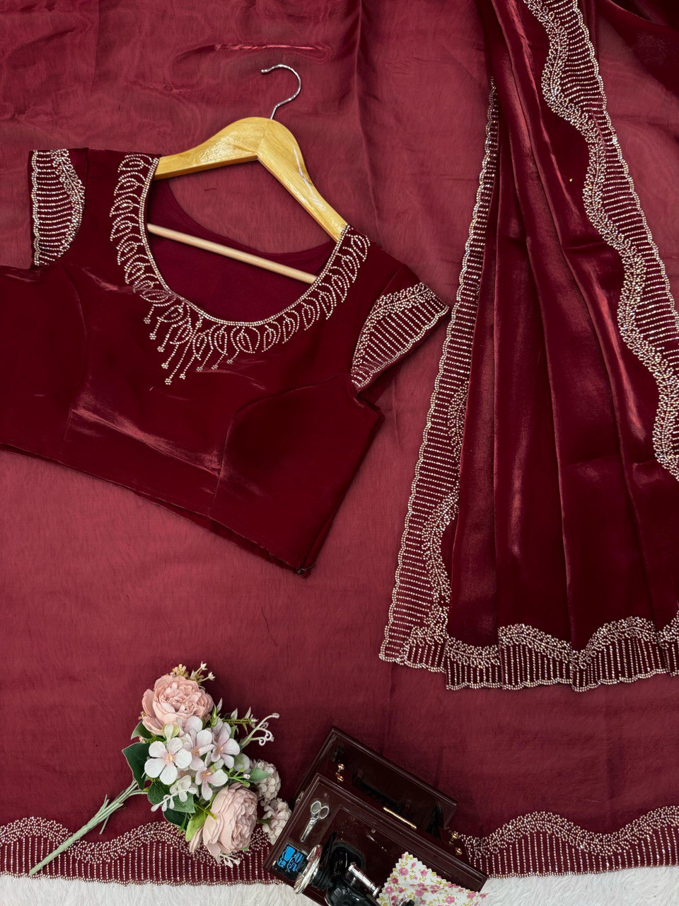 Marron Jimmy Chu Silk Hot Fix Daimond Work Saree