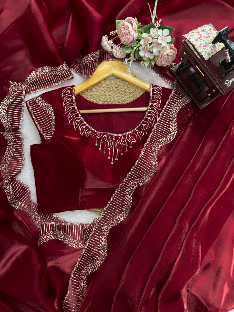 Marron Jimmy Chu Silk Hot Fix Daimond Work Saree