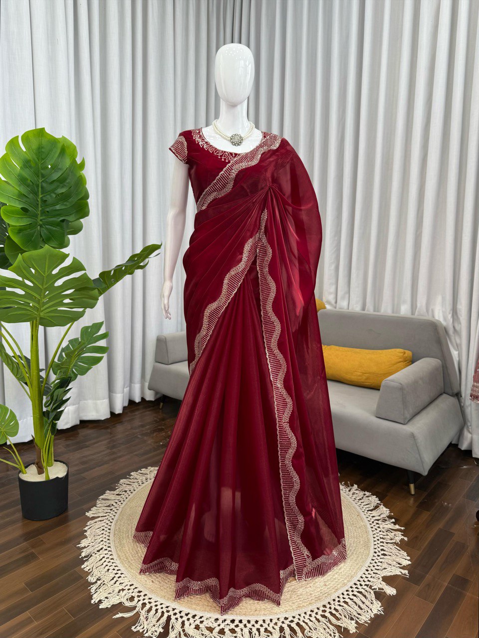 Marron Jimmy Chu Silk Hot Fix Daimond Work Saree