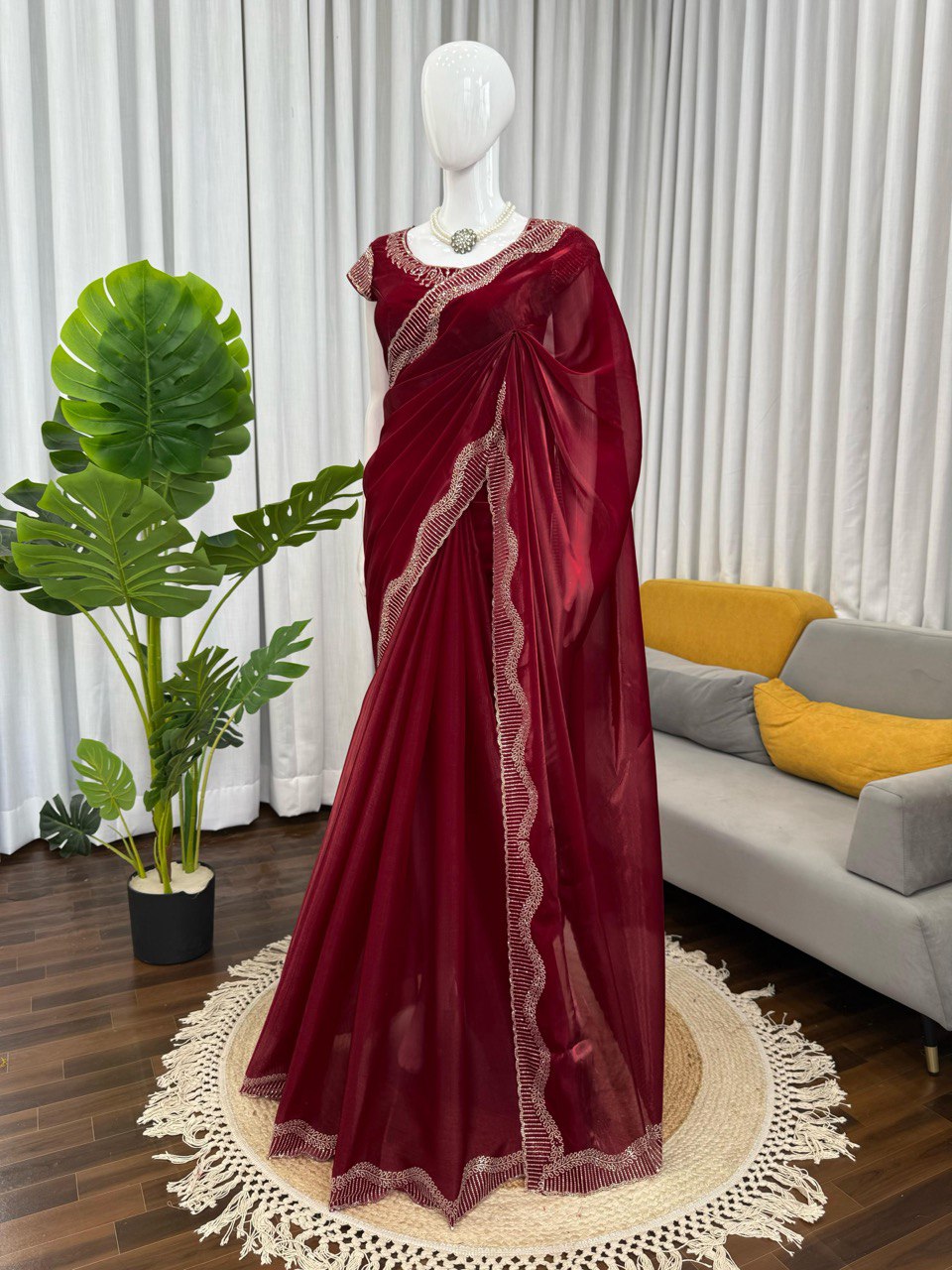 Marron Jimmy Chu Silk Hot Fix Daimond Work Saree