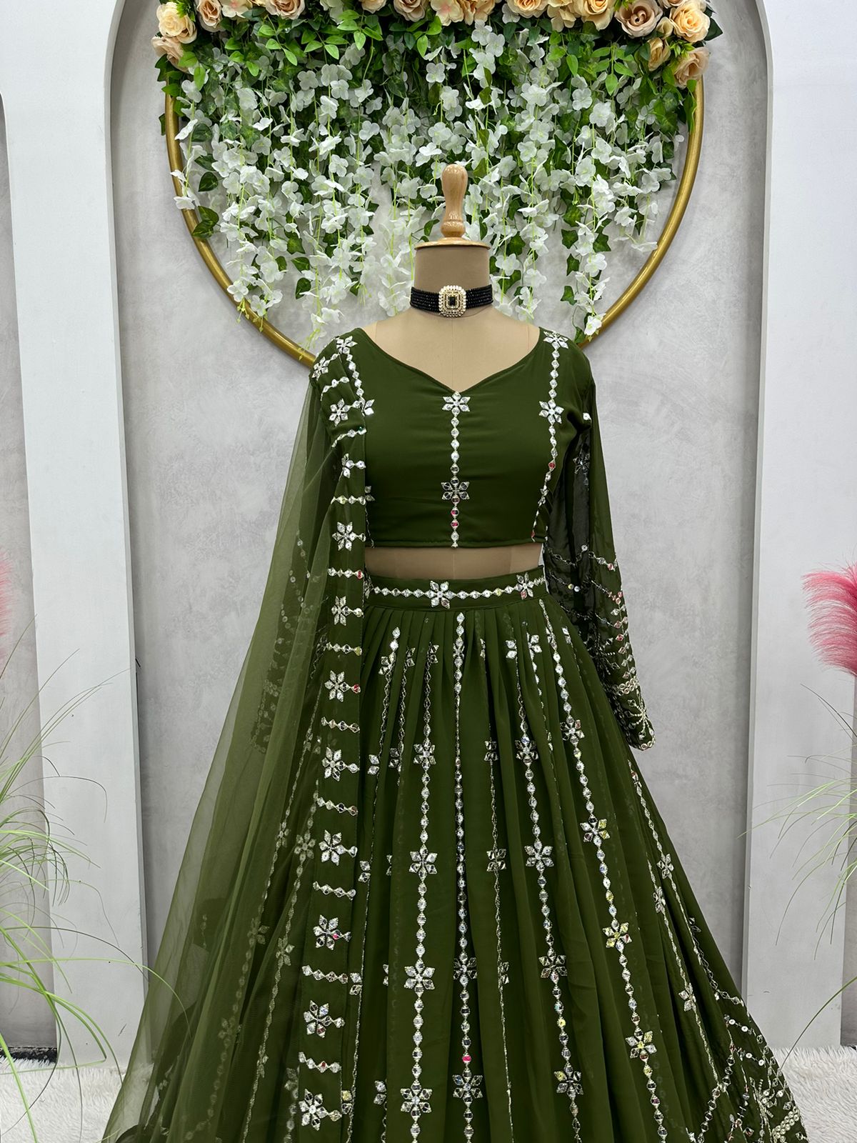Mehndi Green Georgette Semi Stitched Lehenga Choli