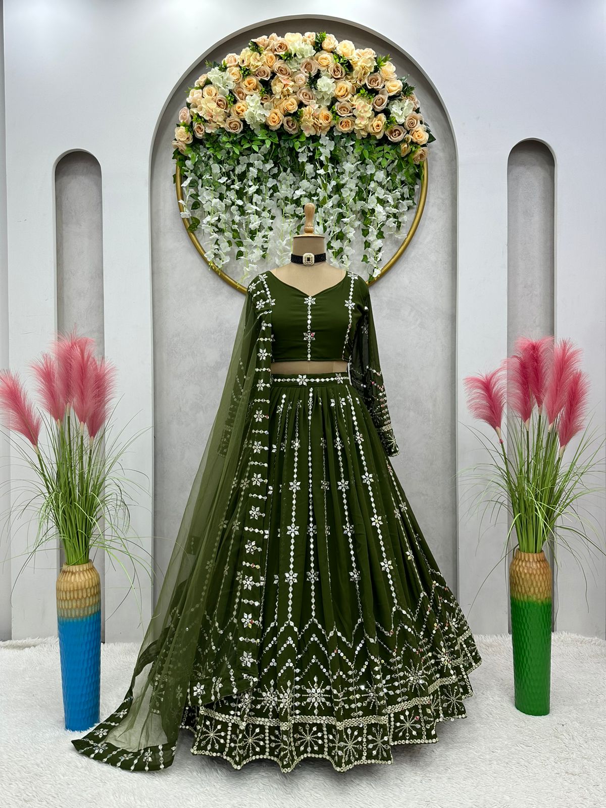 Mehndi Green Georgette Semi Stitched Lehenga Choli
