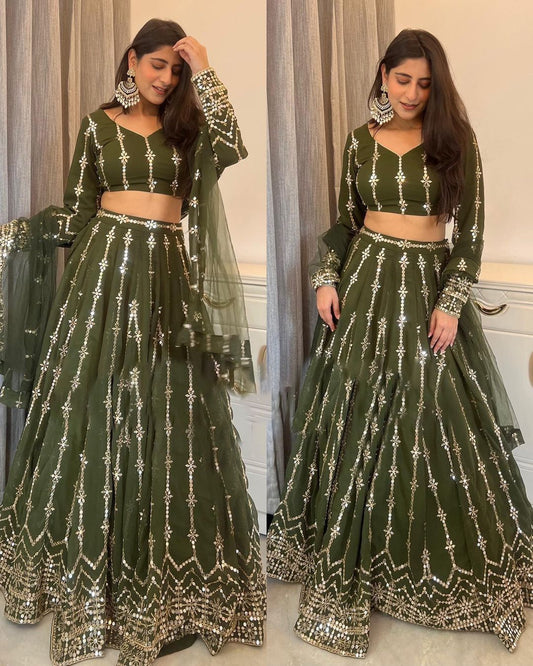 Mehndi Green Georgette Semi Stitched Lehenga Choli