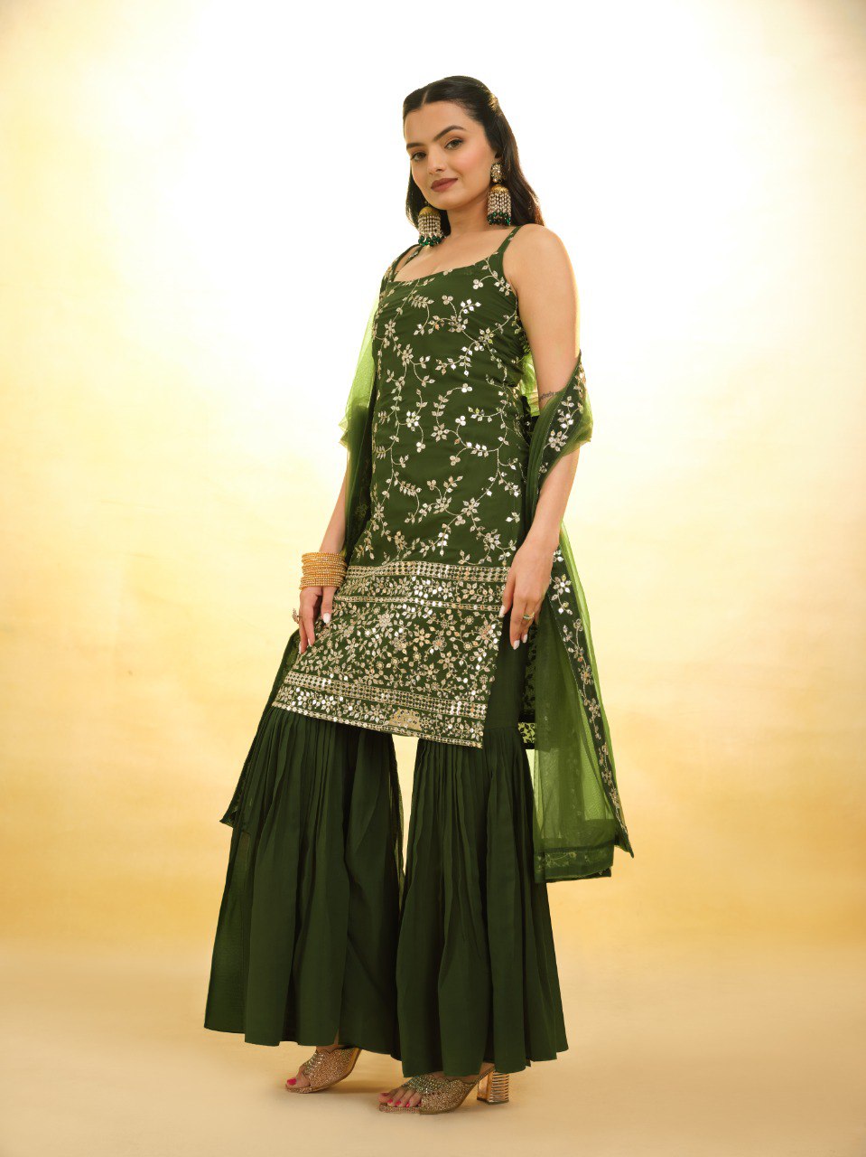 Mehendi Green Colour Georgette Fully Stiched Sharara Suit