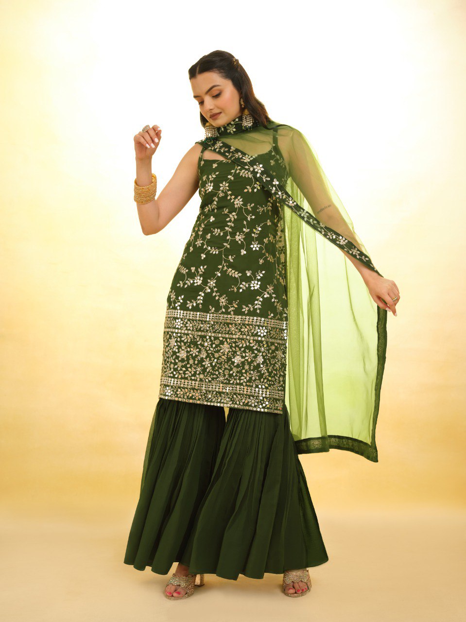 Mehendi Green Colour Georgette Fully Stiched Sharara Suit