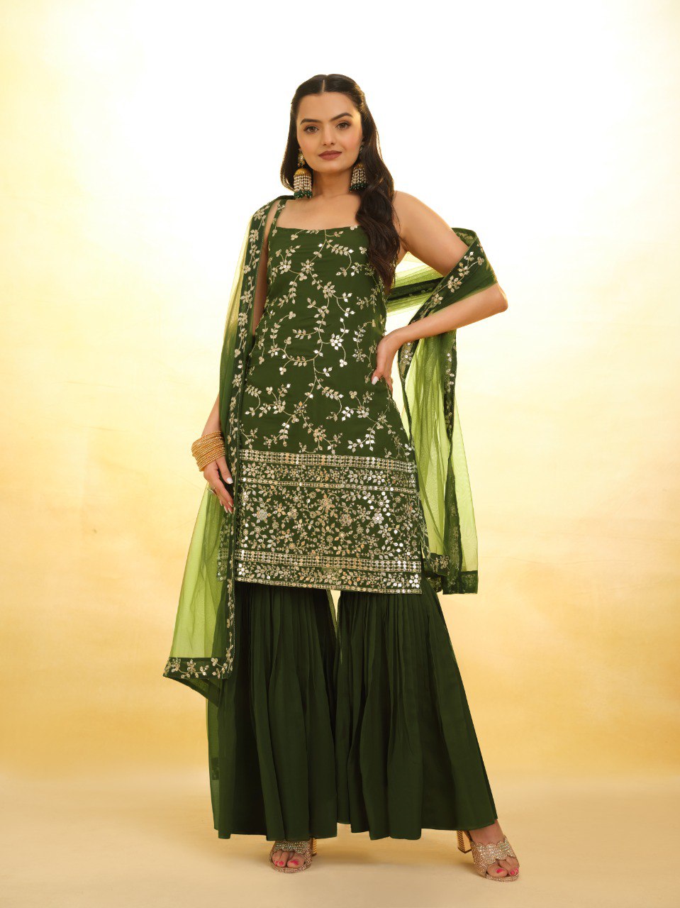 Mehendi Green Colour Georgette Fully Stiched Sharara Suit