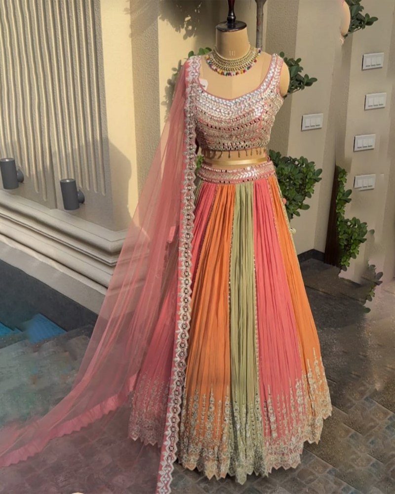 Multi Colour Wedding Wear Georgette Embroidary And Sequence Worked Lehenga Choli