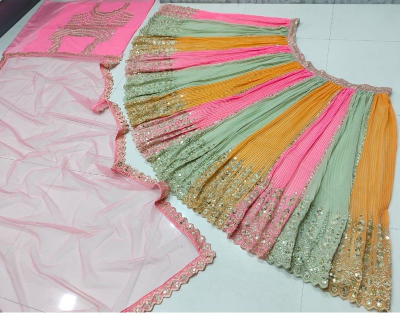 Multi Colour Wedding Wear Georgette Embroidary And Sequence Worked Lehenga Choli
