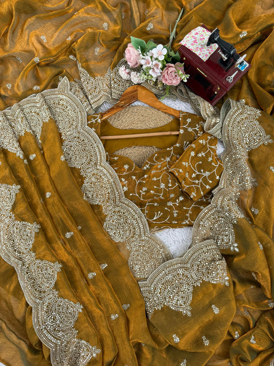 Fendi Chiffon Saree With Thread Work And Matching Embroidered Blouse