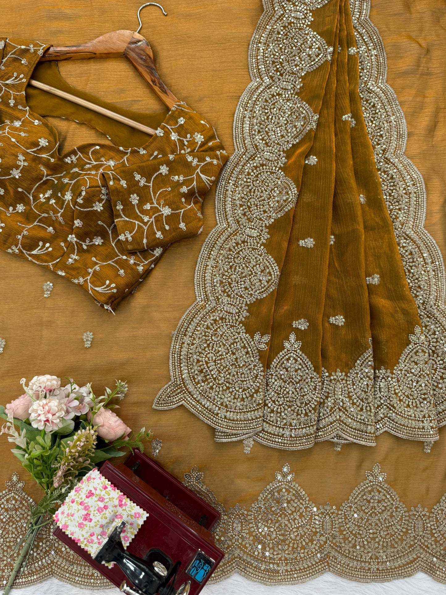 Fendi Chiffon Saree With Thread Work And Matching Embroidered Blouse