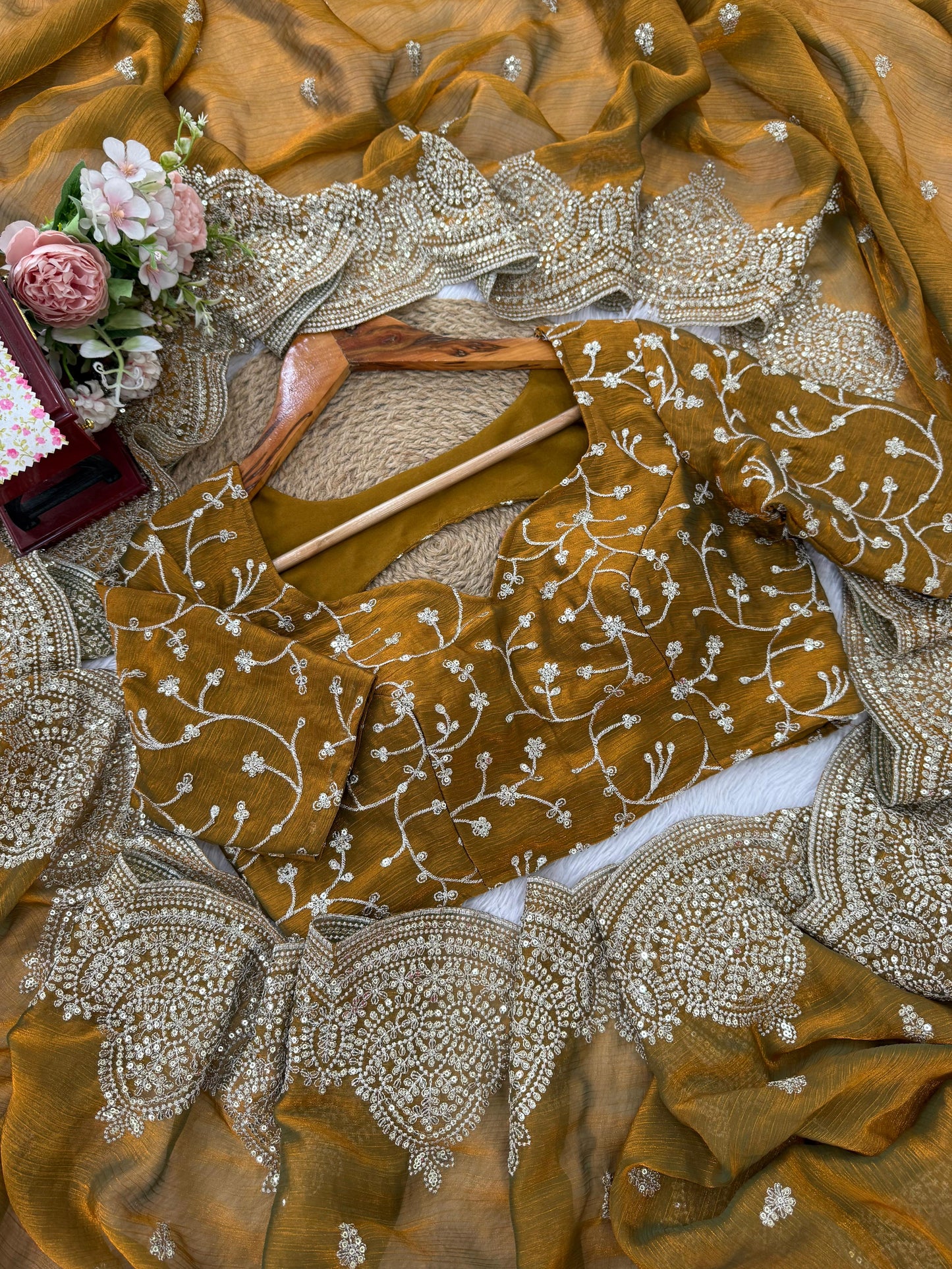 Fendi Chiffon Saree With Thread Work And Matching Embroidered Blouse