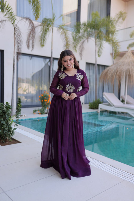 New Stylish Designer Wine Floor-Length Anarkali Gown for Party Wear