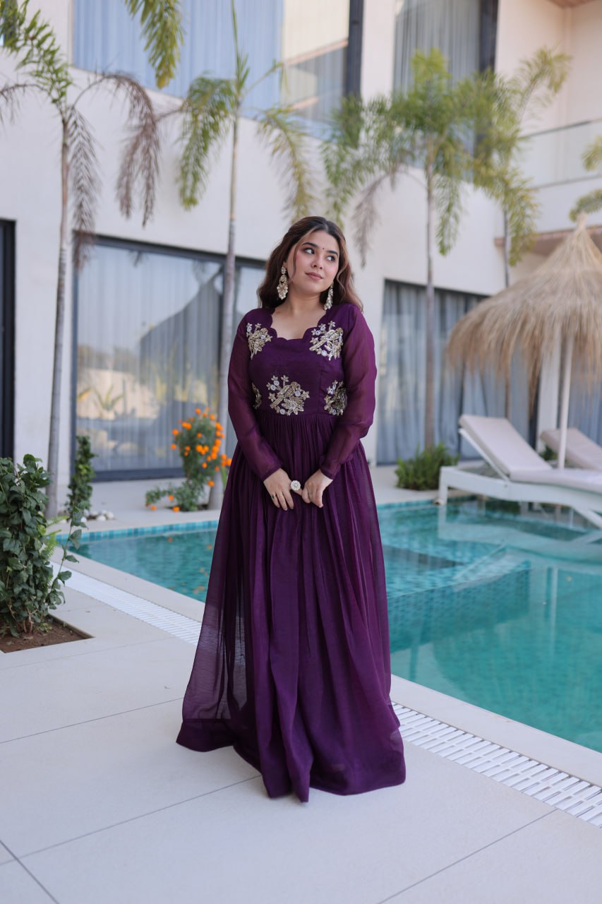 New Stylish Designer Wine Floor-Length Anarkali Gown for Party Wear