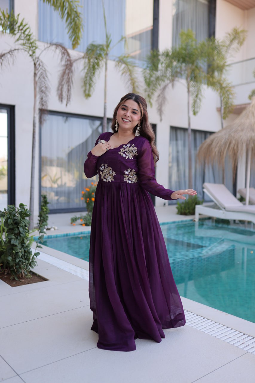 New Stylish Designer Wine Floor-Length Anarkali Gown for Party Wear