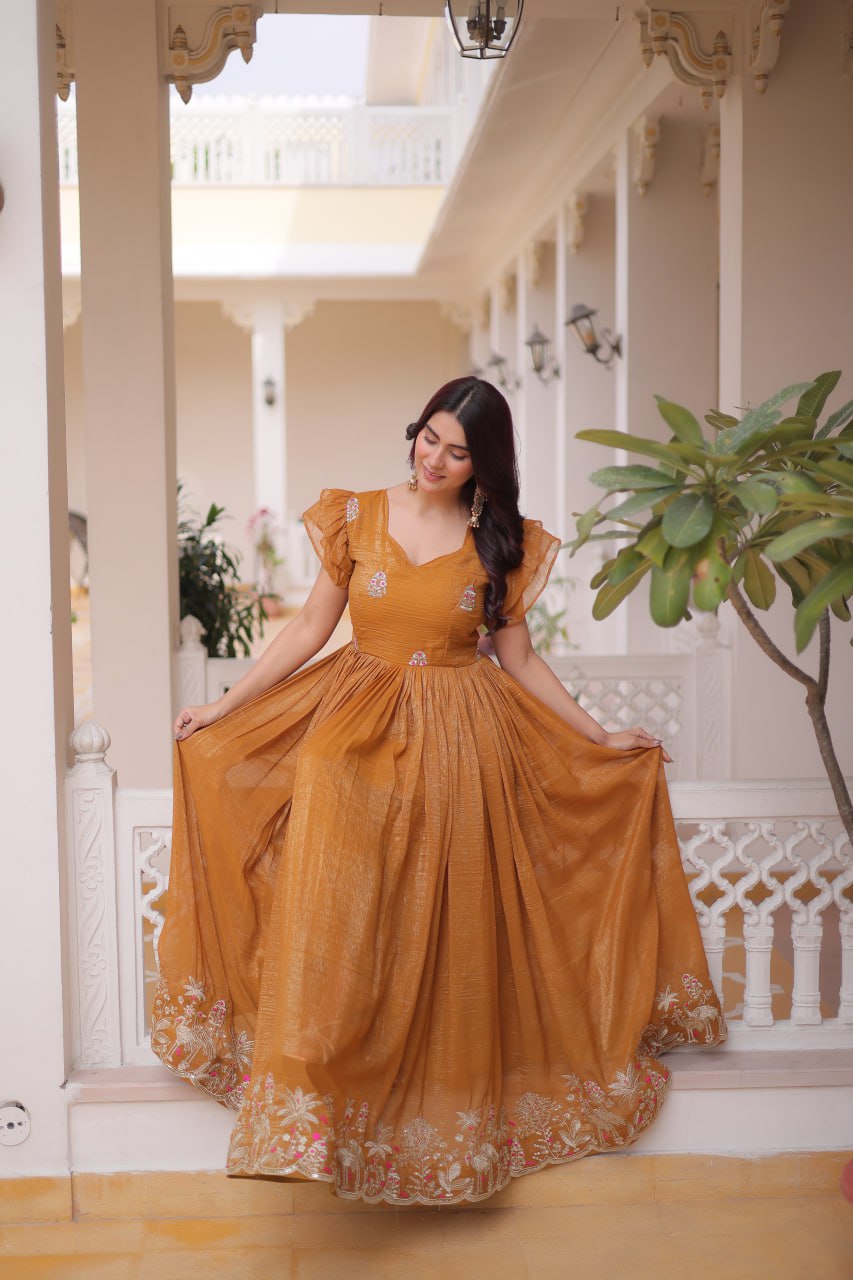 Classic Orange Floor-Length Anarkali Dress for Festive Occasions