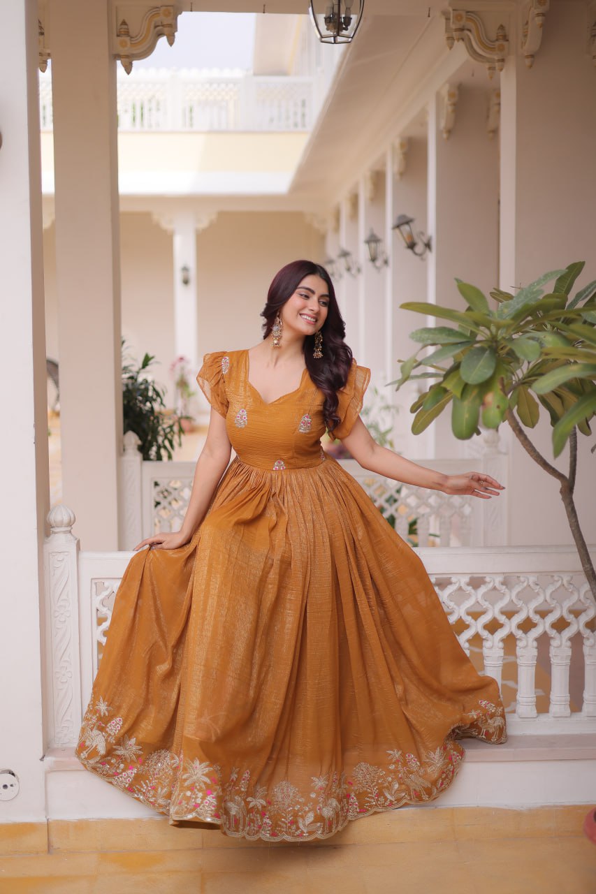 Classic Orange Floor-Length Anarkali Dress for Festive Occasions