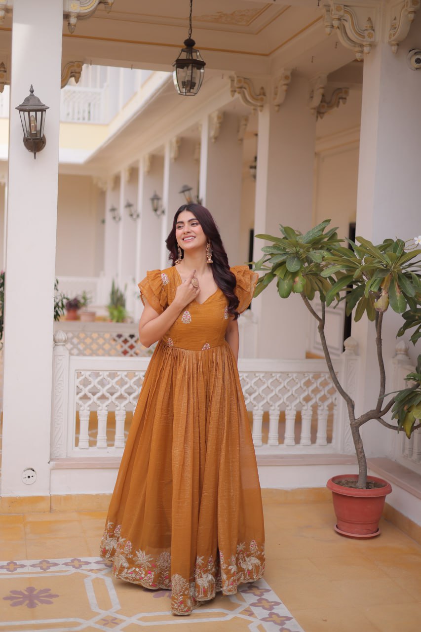 Classic Orange Floor-Length Anarkali Dress for Festive Occasions