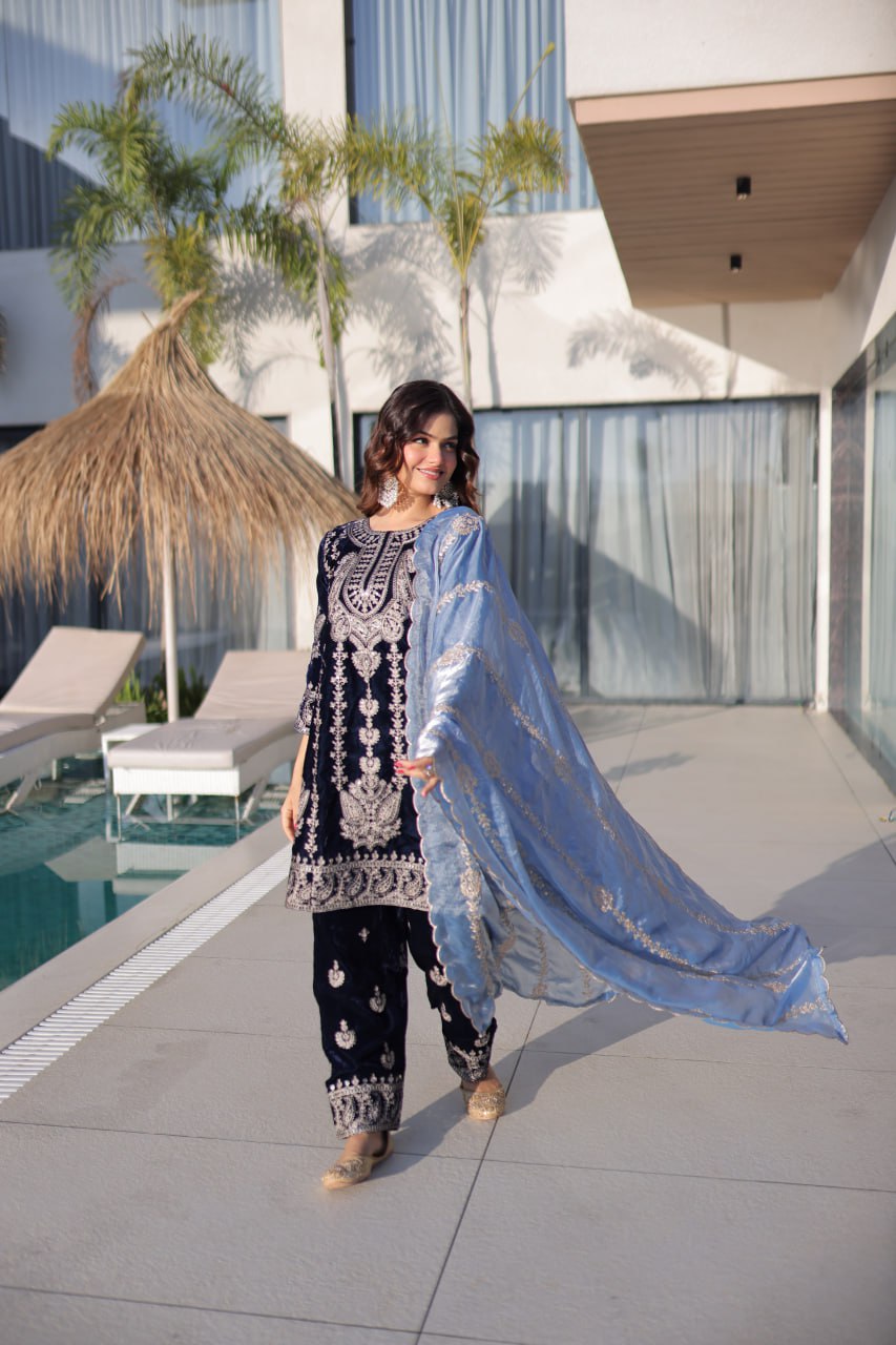 Black Velvet Embroidered Kurta with Matching Pants and Contrast Dupatta Set