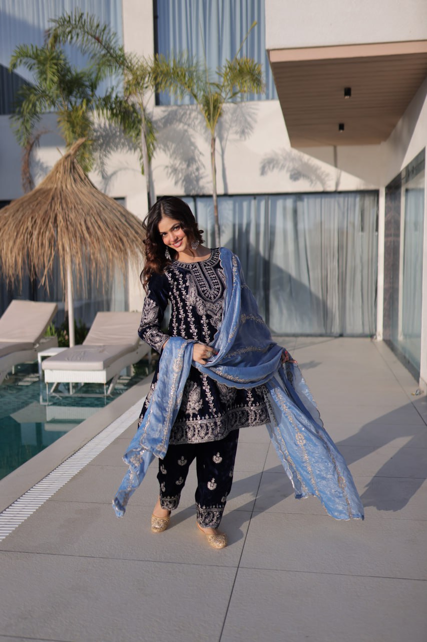 Black Velvet Embroidered Kurta with Matching Pants and Contrast Dupatta Set