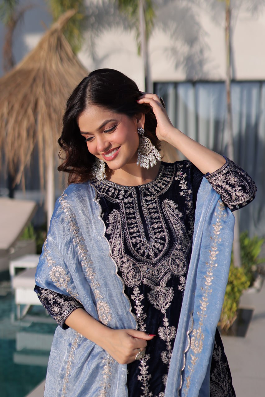 Black Velvet Embroidered Kurta with Matching Pants and Contrast Dupatta Set