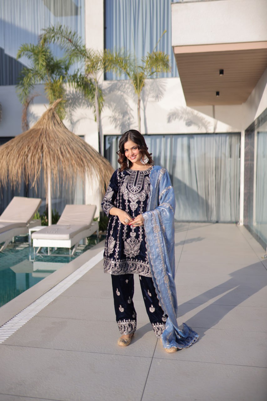 Black Velvet Embroidered Kurta with Matching Pants and Contrast Dupatta Set