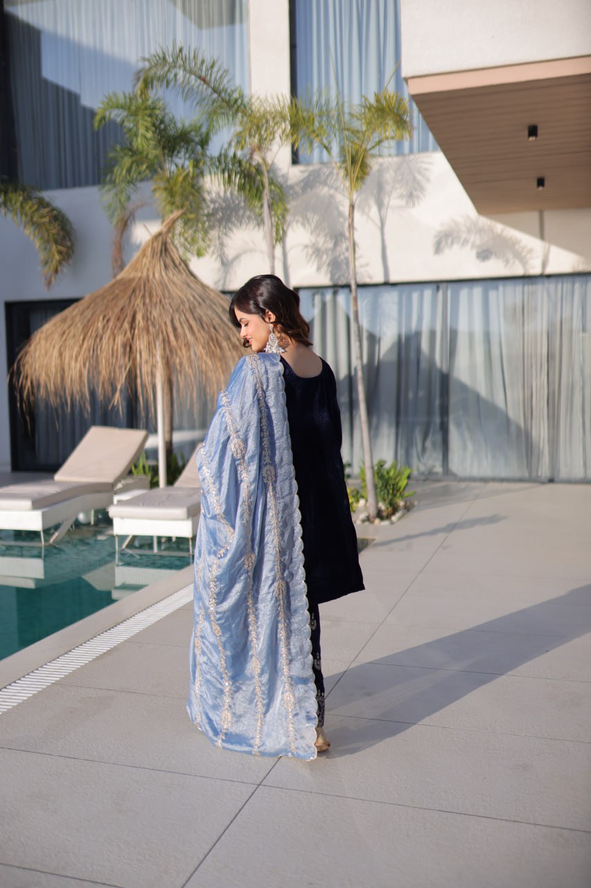 Black Velvet Embroidered Kurta with Matching Pants and Contrast Dupatta Set