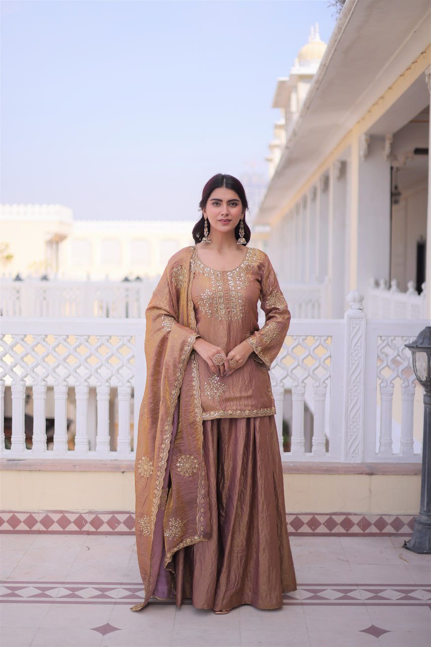 New Women's Trendy Traditional Sharara Suit with Intricate Mirror and Thread Embroidery Work