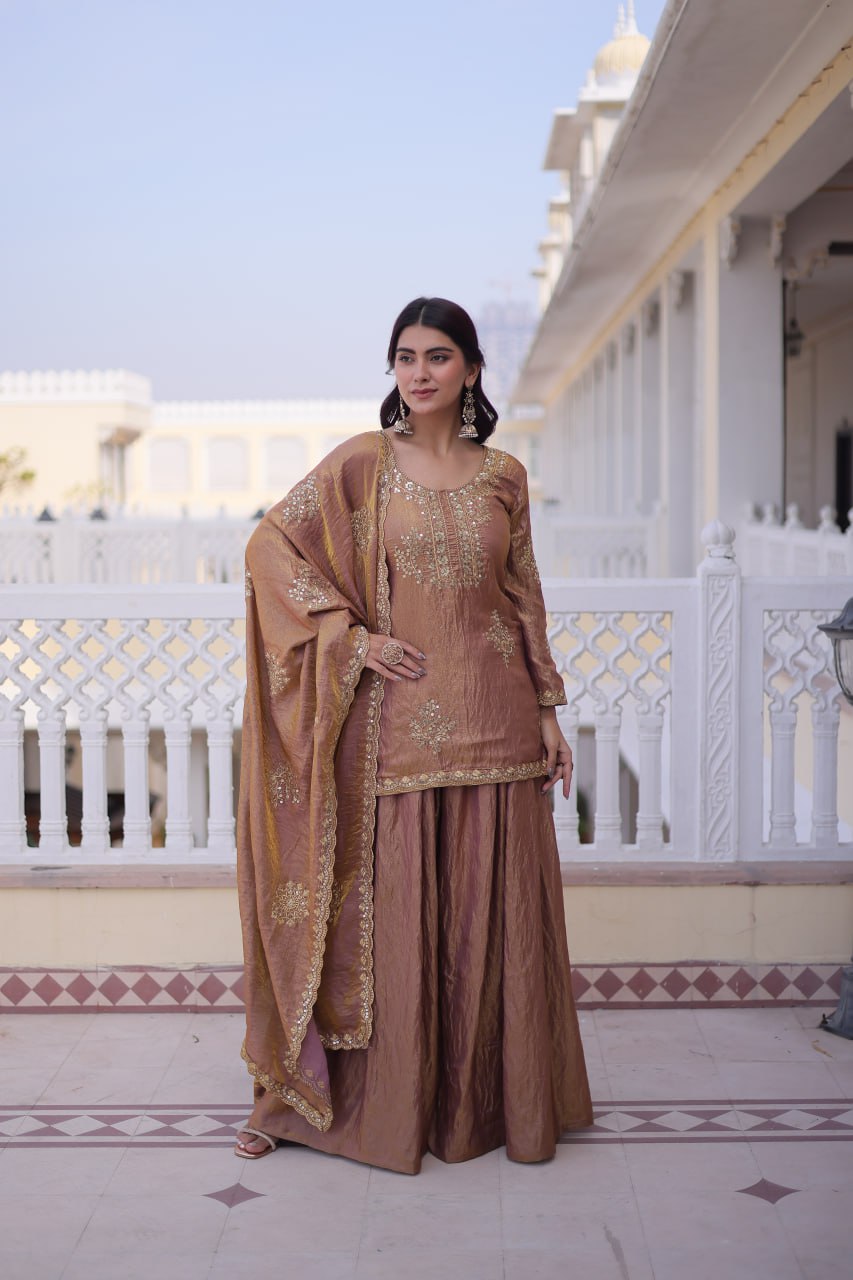 New Women's Trendy Traditional Sharara Suit with Intricate Mirror and Thread Embroidery Work