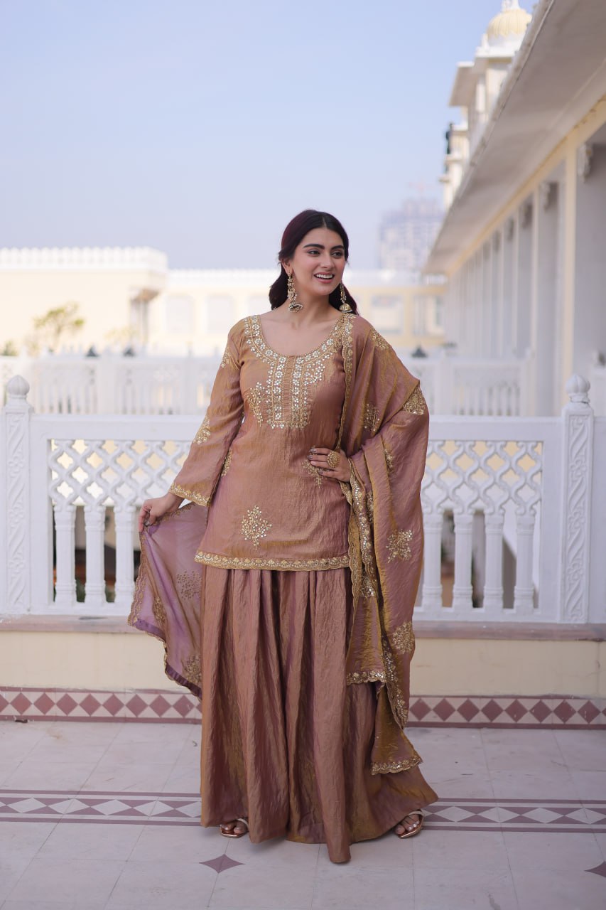 New Women's Trendy Traditional Sharara Suit with Intricate Mirror and Thread Embroidery Work