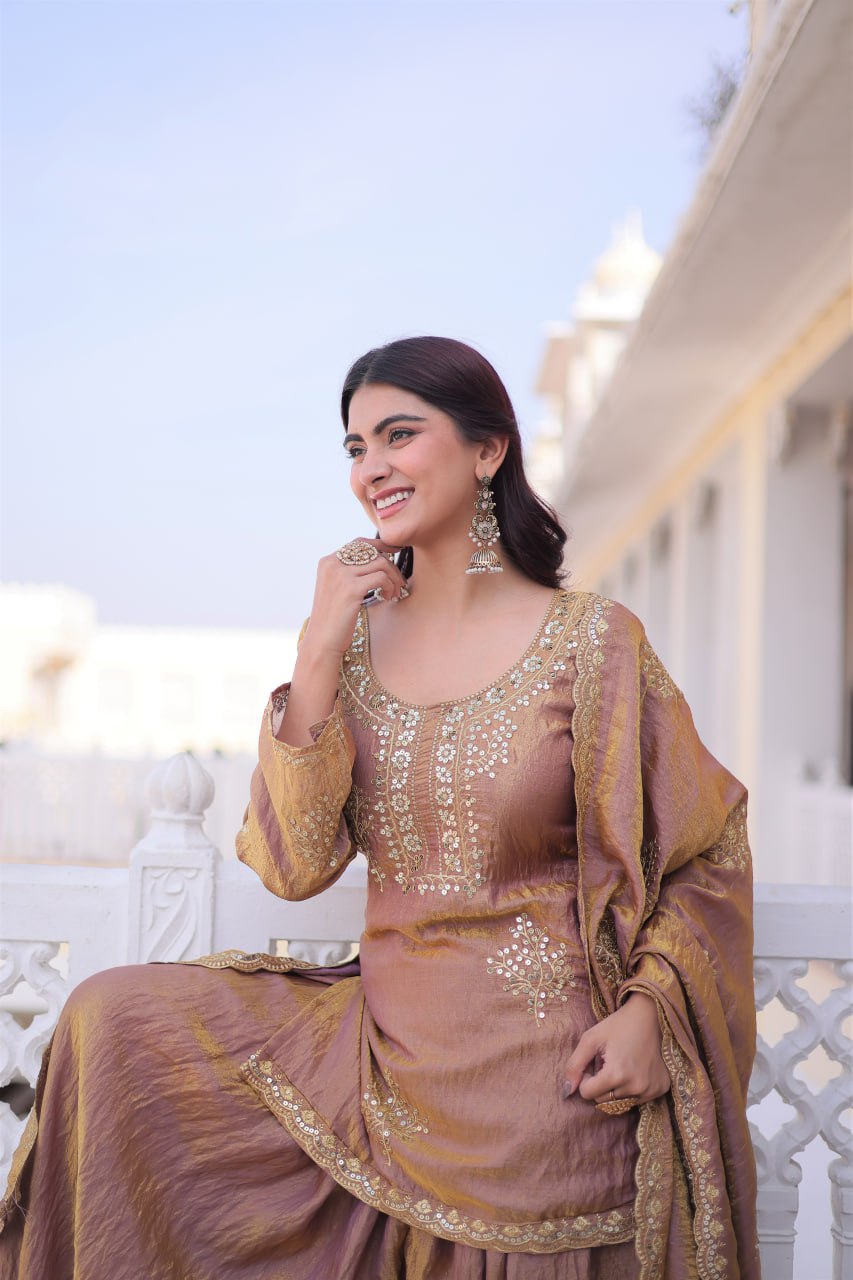 New Women's Trendy Traditional Sharara Suit with Intricate Mirror and Thread Embroidery Work