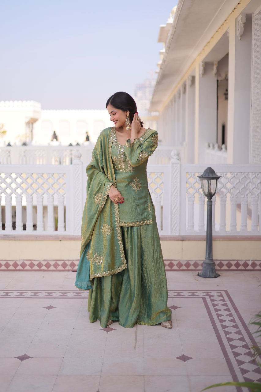 New Women's Trendy Traditional Sharara Suit with Intricate Mirror and Thread Embroidery Work