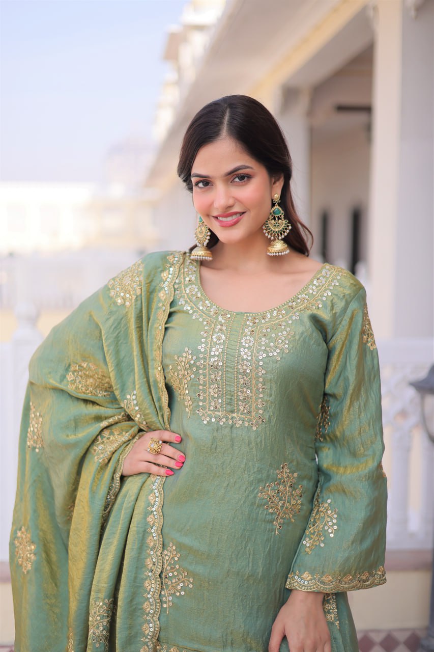 New Women's Trendy Traditional Sharara Suit with Intricate Mirror and Thread Embroidery Work