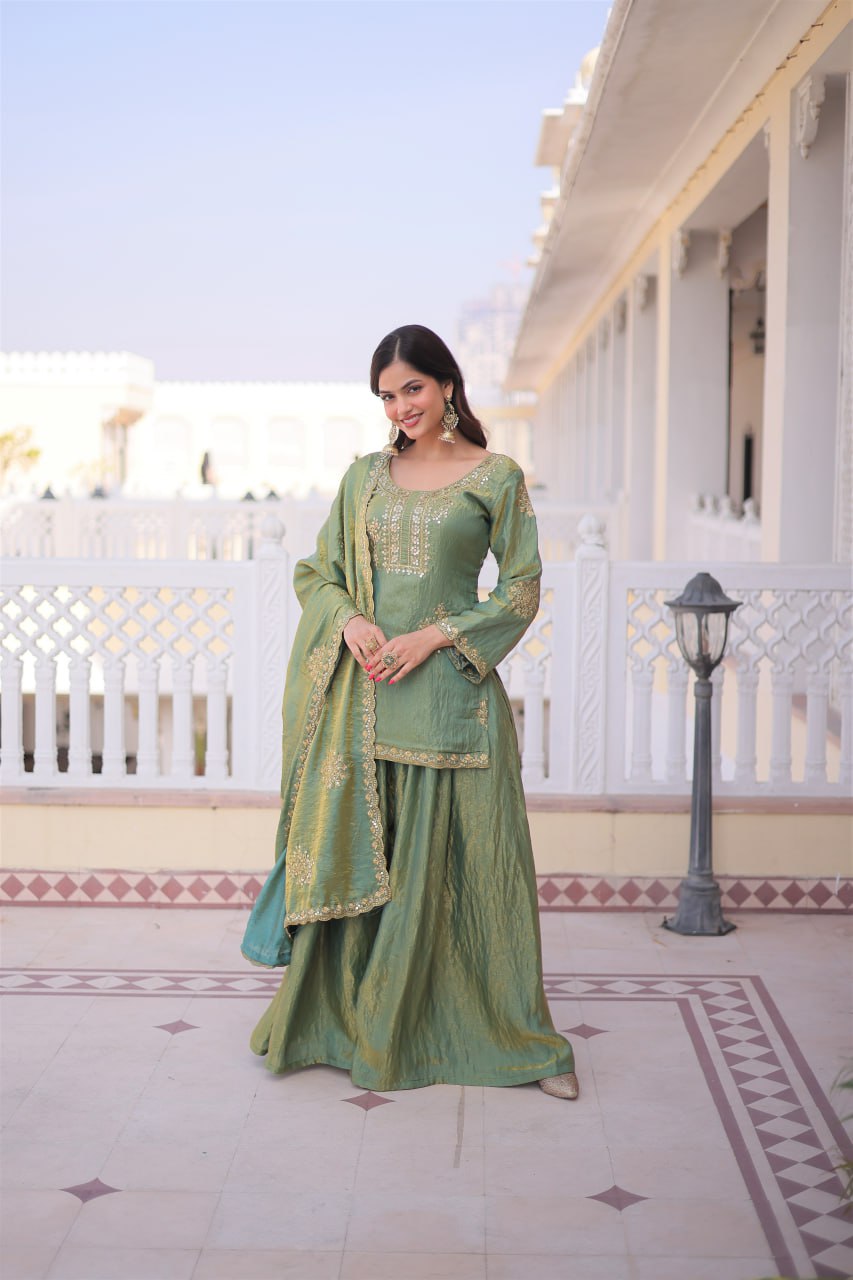 New Women's Trendy Traditional Sharara Suit with Intricate Mirror and Thread Embroidery Work