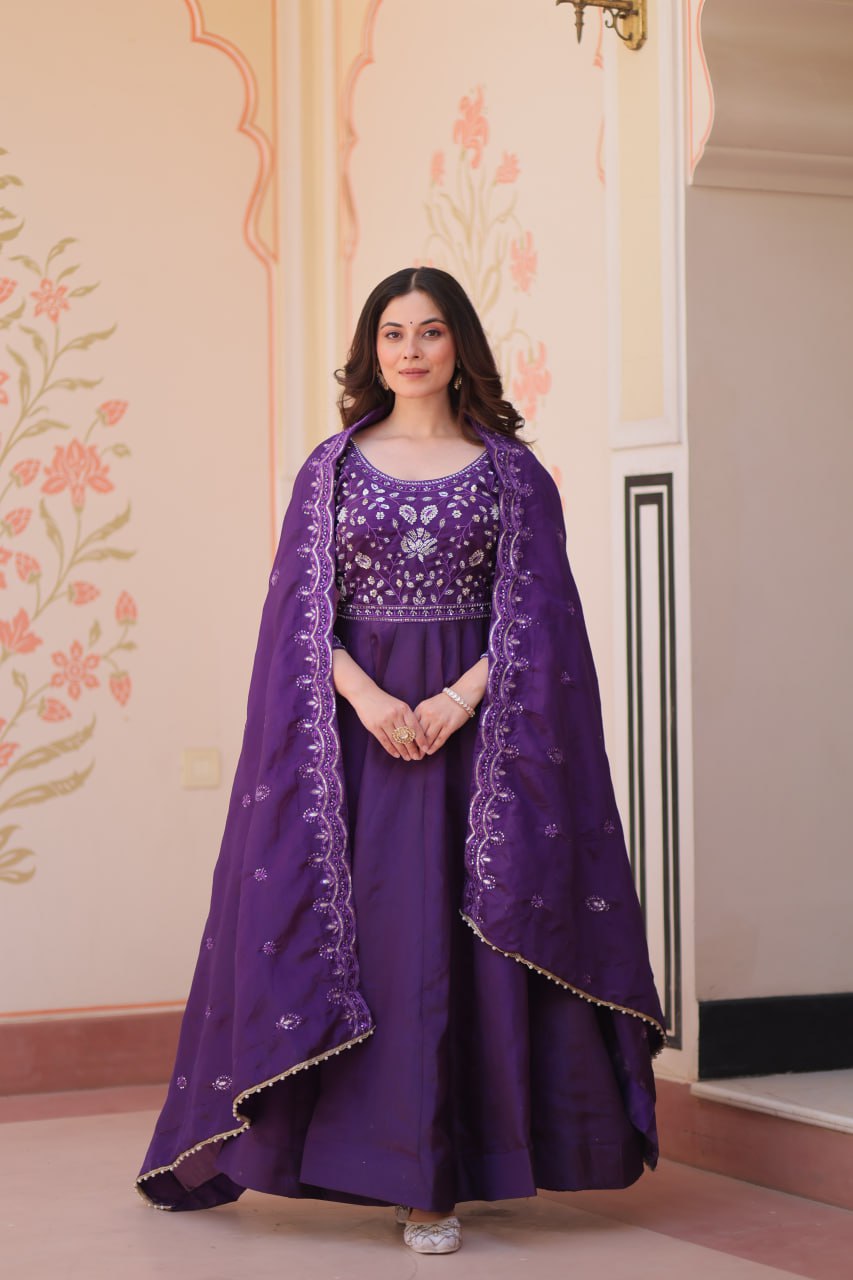 New Women's Deep Purple Embroidered Anarkali Suit with Matching Dupatta Set