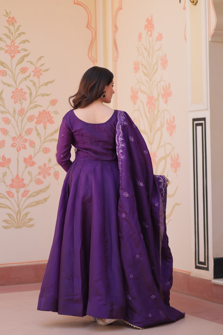 New Women's Deep Purple Embroidered Anarkali Suit with Matching Dupatta Set