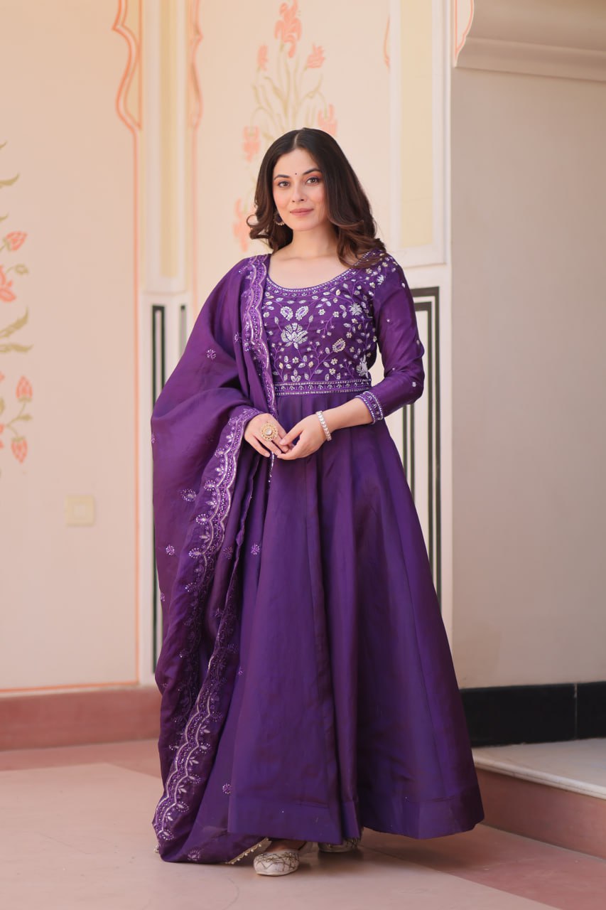 New Women's Deep Purple Embroidered Anarkali Suit with Matching Dupatta Set