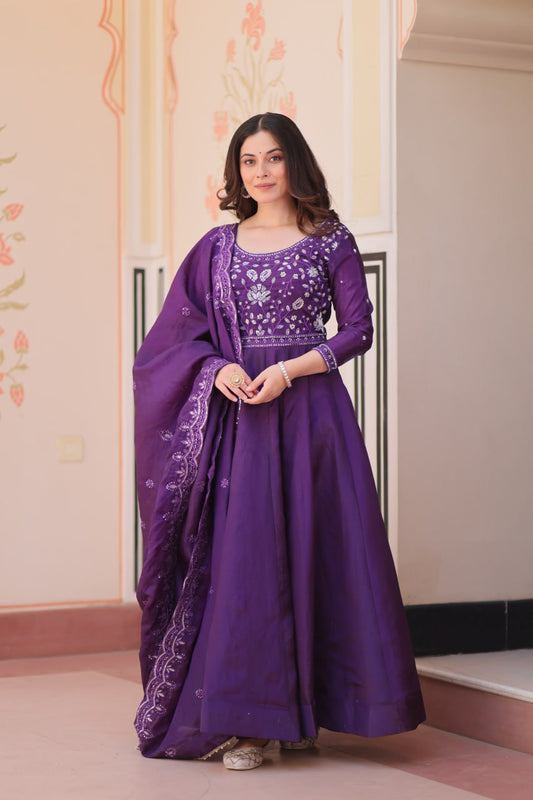 New Women's Deep Purple Embroidered Anarkali Suit with Matching Dupatta Set