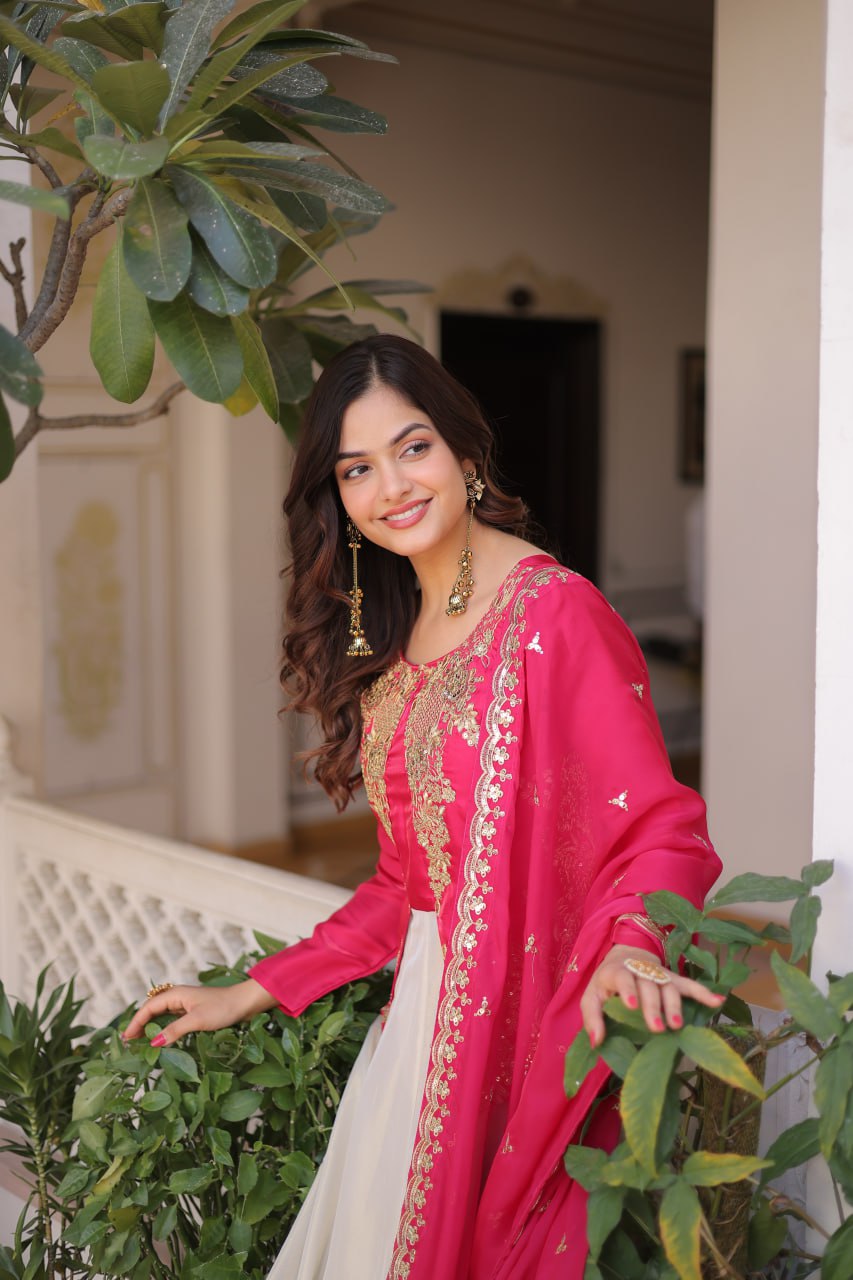Womens's New Rani Pink and Cream Embroidered Jacket Style Suit Set